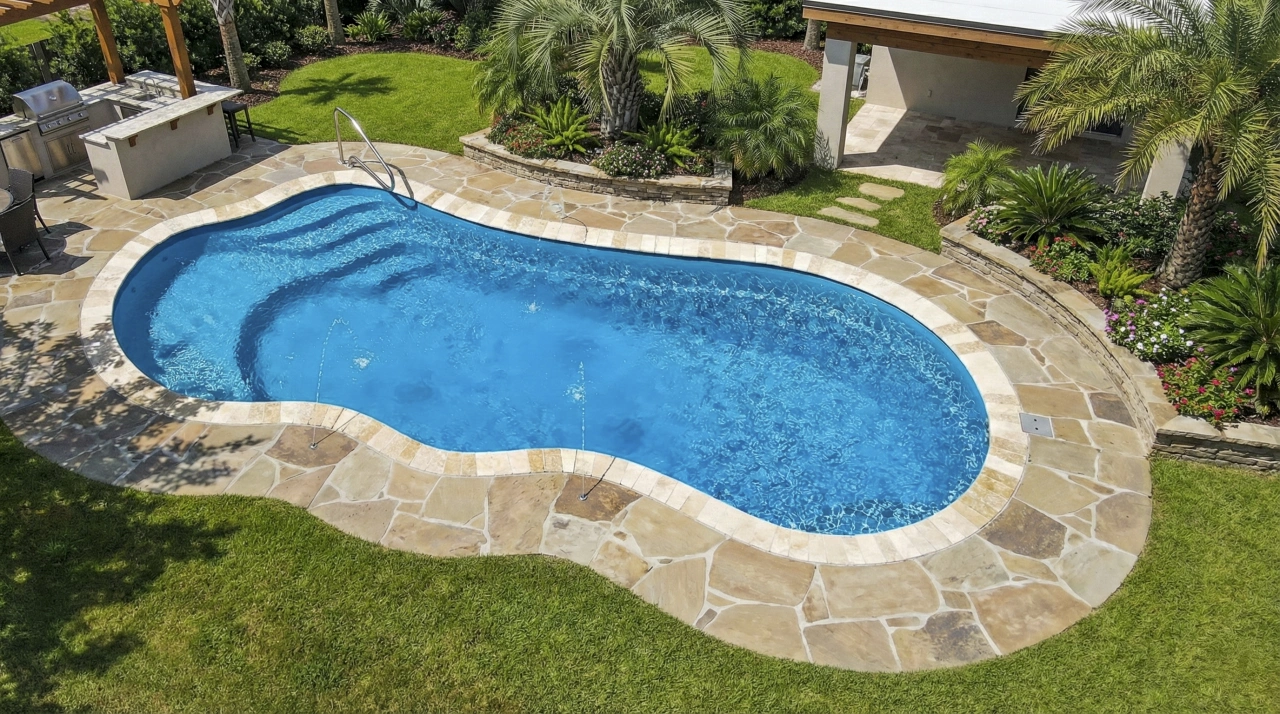 Clean fiberglass swimming pool and surrounding outdoor living area