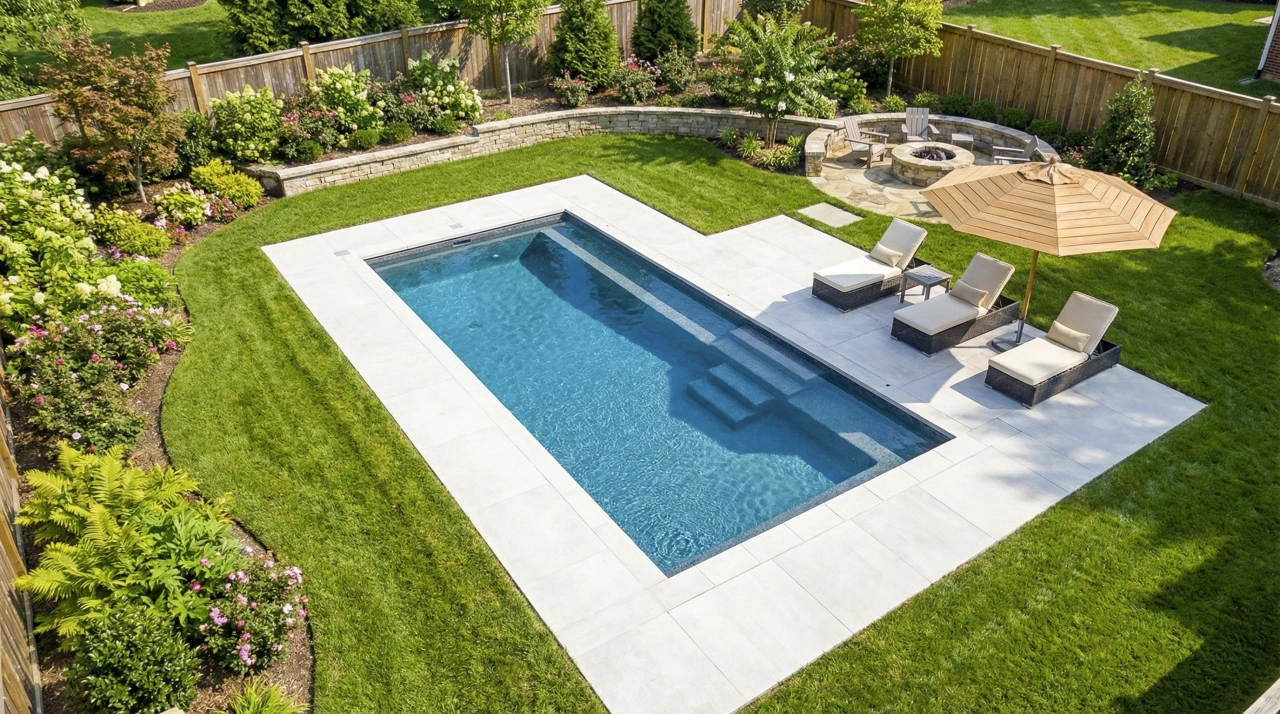 Premium fiberglass pool designed for a Colorado backyard